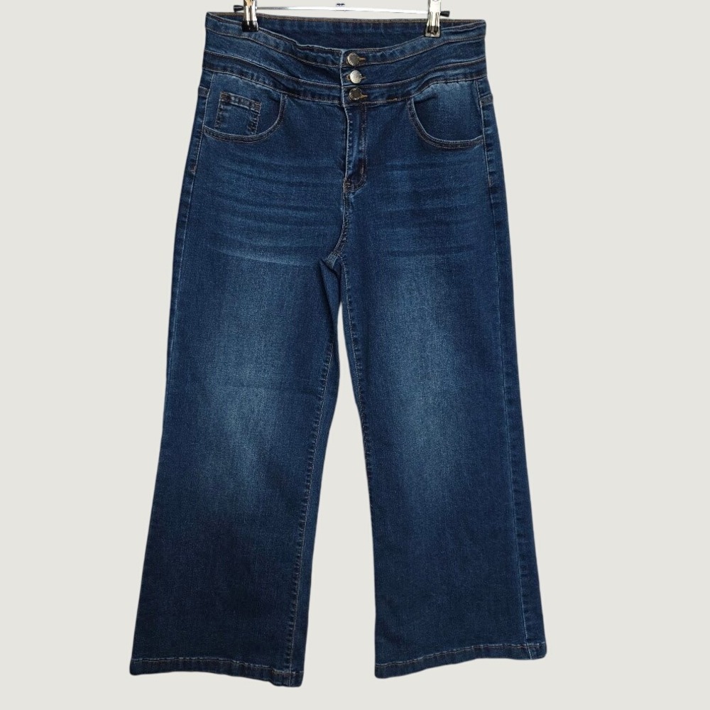 Roswear Wide Leg Jeans Womens Size L Blue Excellent High Rise Triple Button